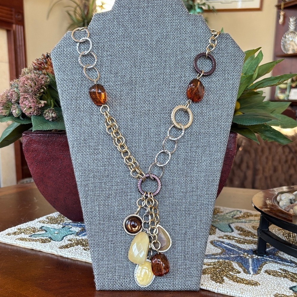 Brand New Chico's Long Necklace Amber Cream Beaded Antique Gold Tone Bauble Gems